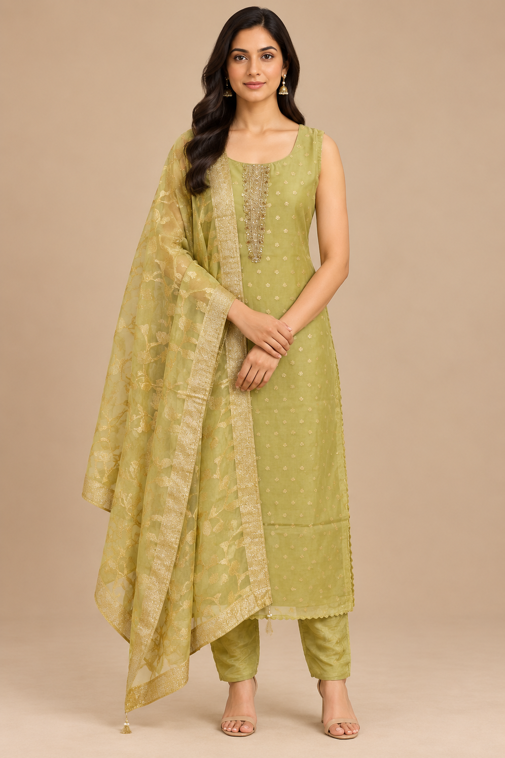Olive Green Embroidered Straight Kurta Set with Dupatta